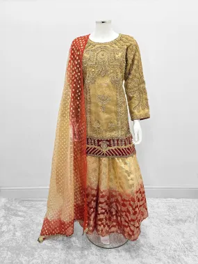 Gold Embroidered Net Suit with Sharara