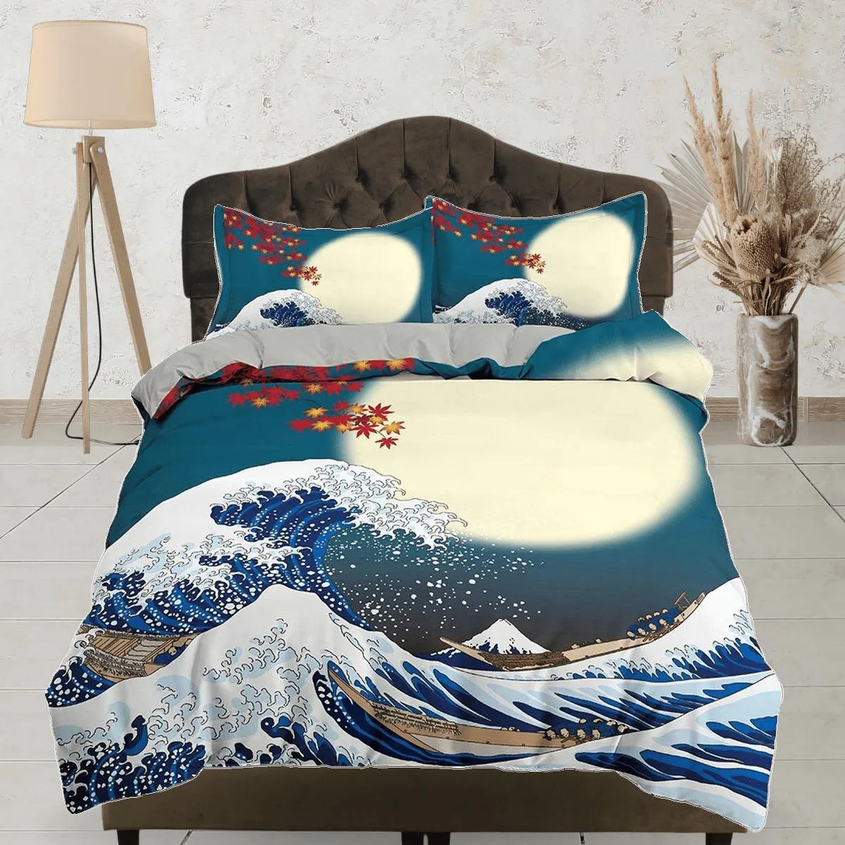 Great Wave Bedding, Japanese Bedding, Autumn Oriental Design Bed Coverlet, Aesthetic Blue Duvet Cover King Queen Full Twin Double Single