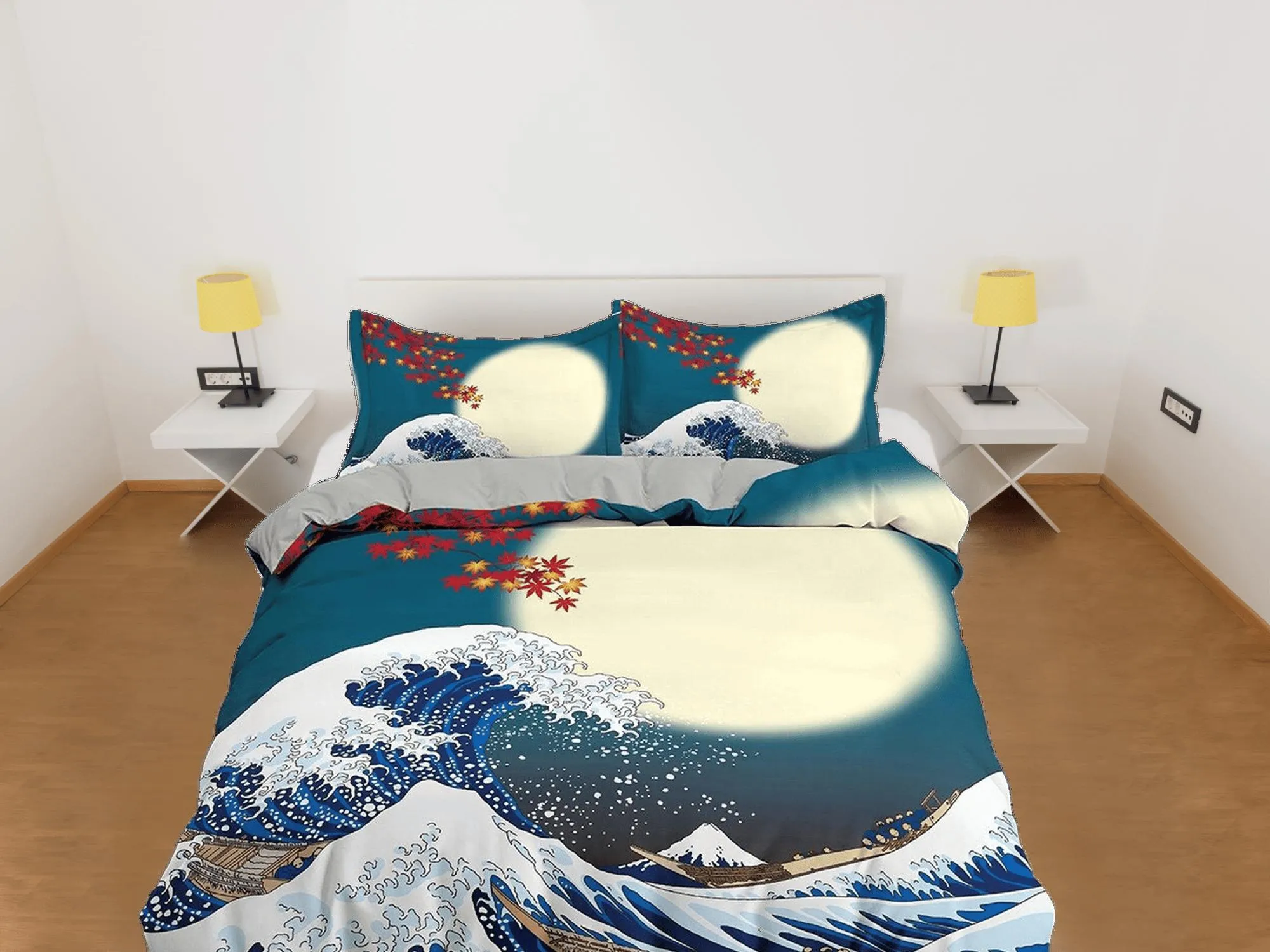 Great Wave Bedding, Japanese Bedding, Autumn Oriental Design Bed Coverlet, Aesthetic Blue Duvet Cover King Queen Full Twin Double Single