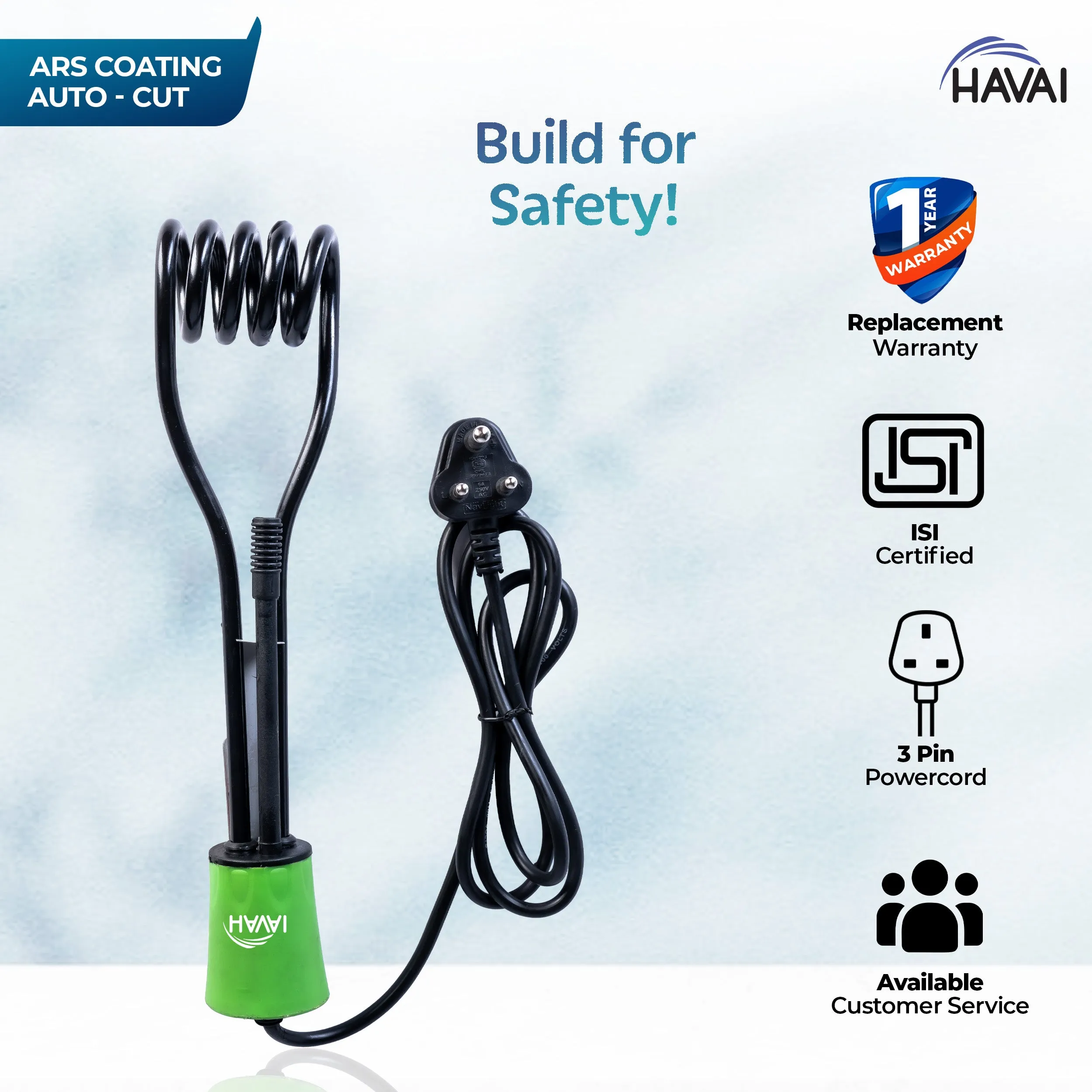 Havai Immersion Rod with ARS Coating | Salt Water Protection | Waterproof| Smart Auto Cut Feature | ISI Certified 3 Pin Powerchord | Model Green Handle | 1 Year Replacement Warranty (1500, Watts)