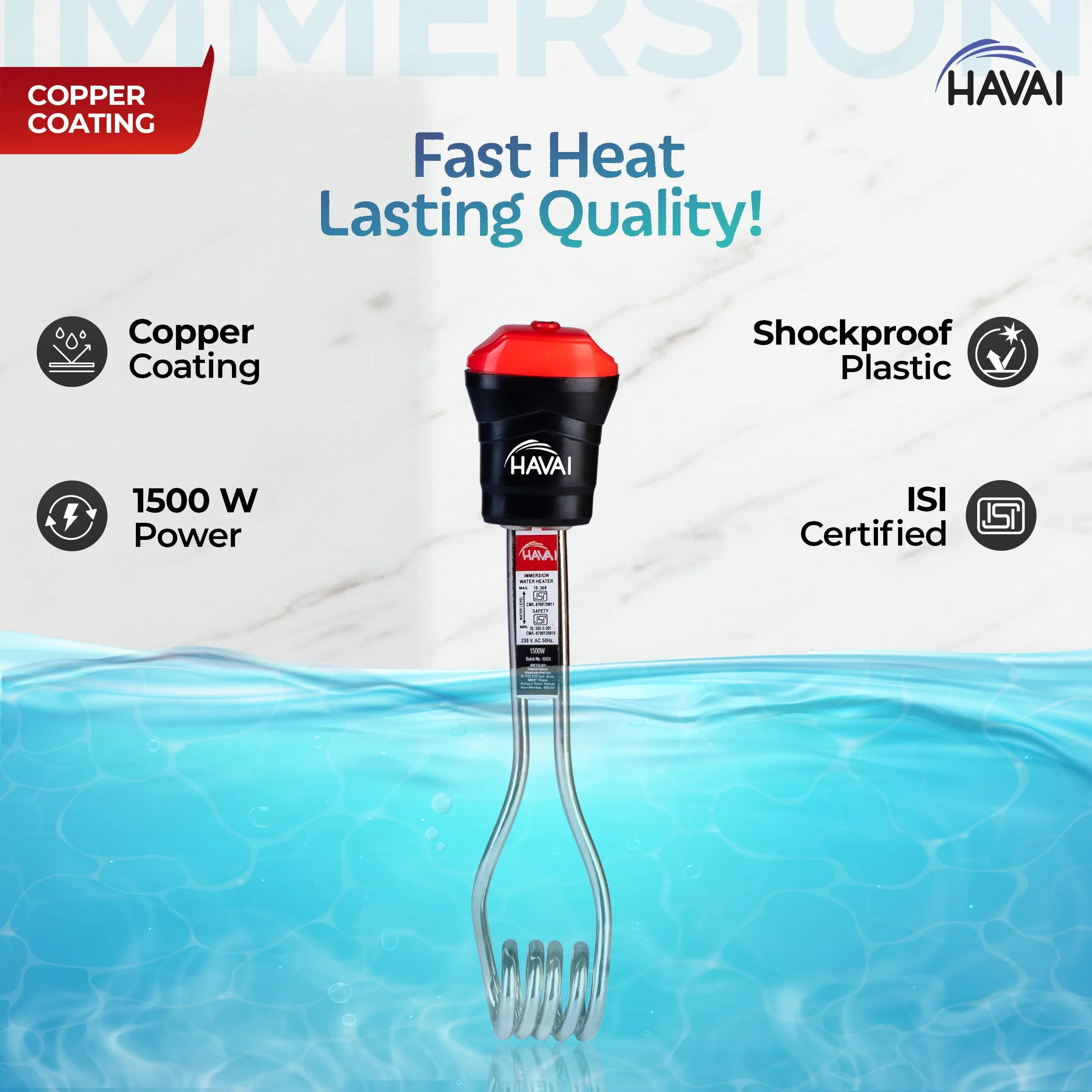 Havai Immersion Rod with Copper Coating |Rust Resistant | Instant Heating With Bucket Holder |ISI Certified 3 Pin Powerchord |Model Round Black Handle HAVIND005 | 1 Year Replacement Warranty (1500W)