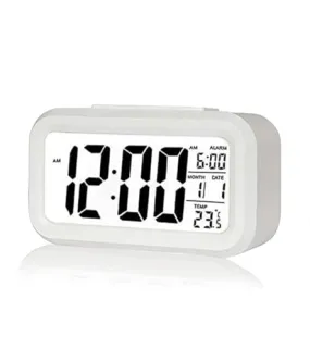 HC Digital Alarm Clock – Battery Operated Desk Clock with Date, Indoor Temperature, Smart Night Light & LCD Display for Bedroom, Home, Office | Small, 20cm, White and Black