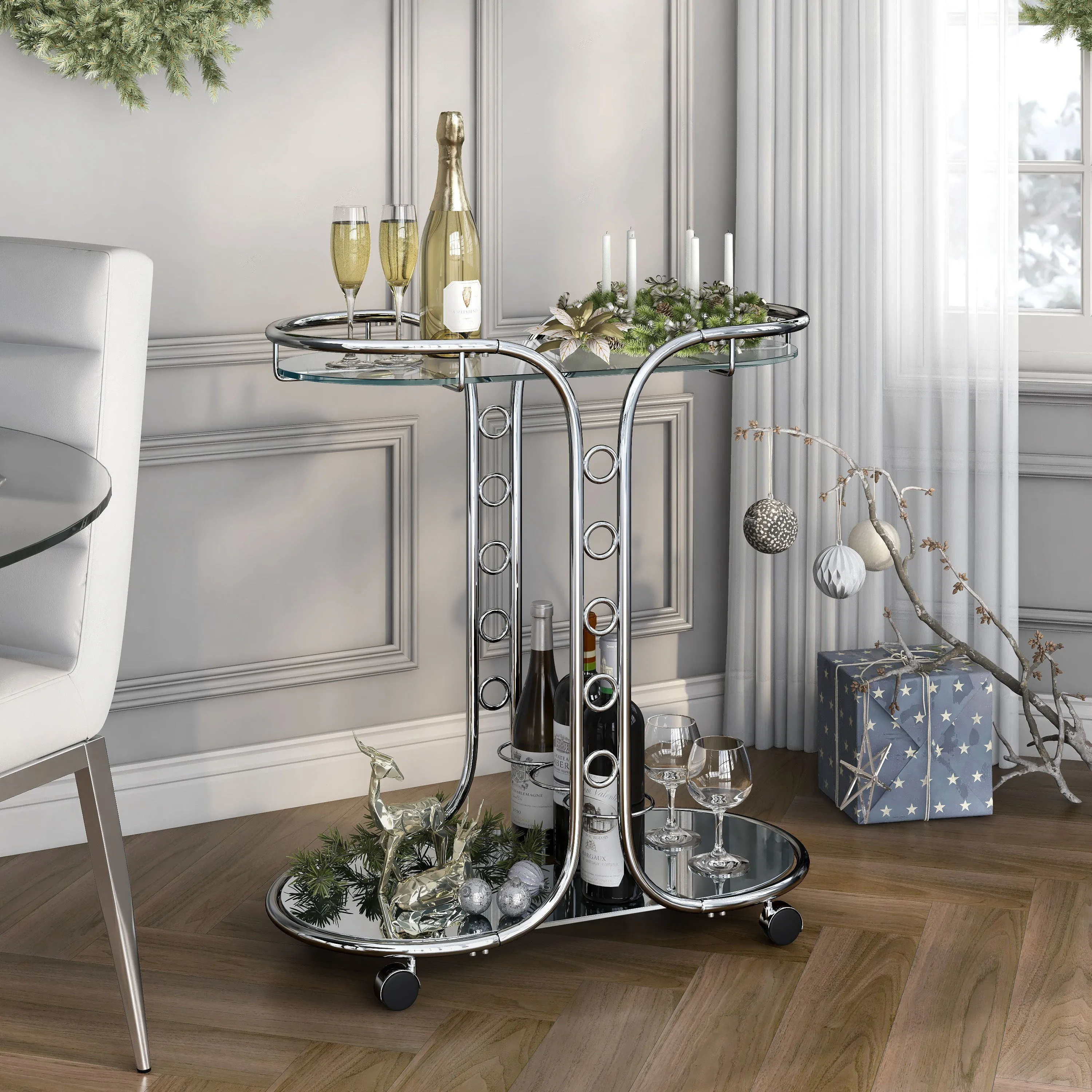 Isma Chrome and Glass Mobile Serving Cart with Wine Bottle Rings