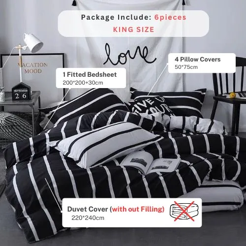 King size bedding set of 6 pieces, Black & White Stripes design.