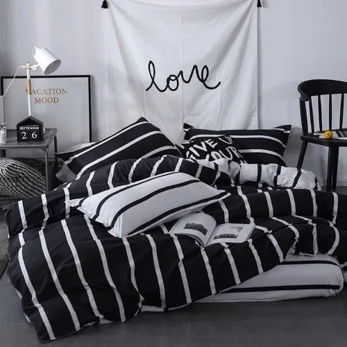 King size bedding set of 6 pieces, Black & White Stripes design.