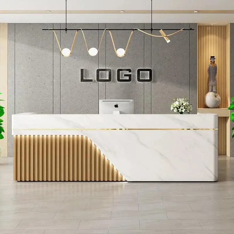 Luxurious Slat Paneled Reception Desk with LED