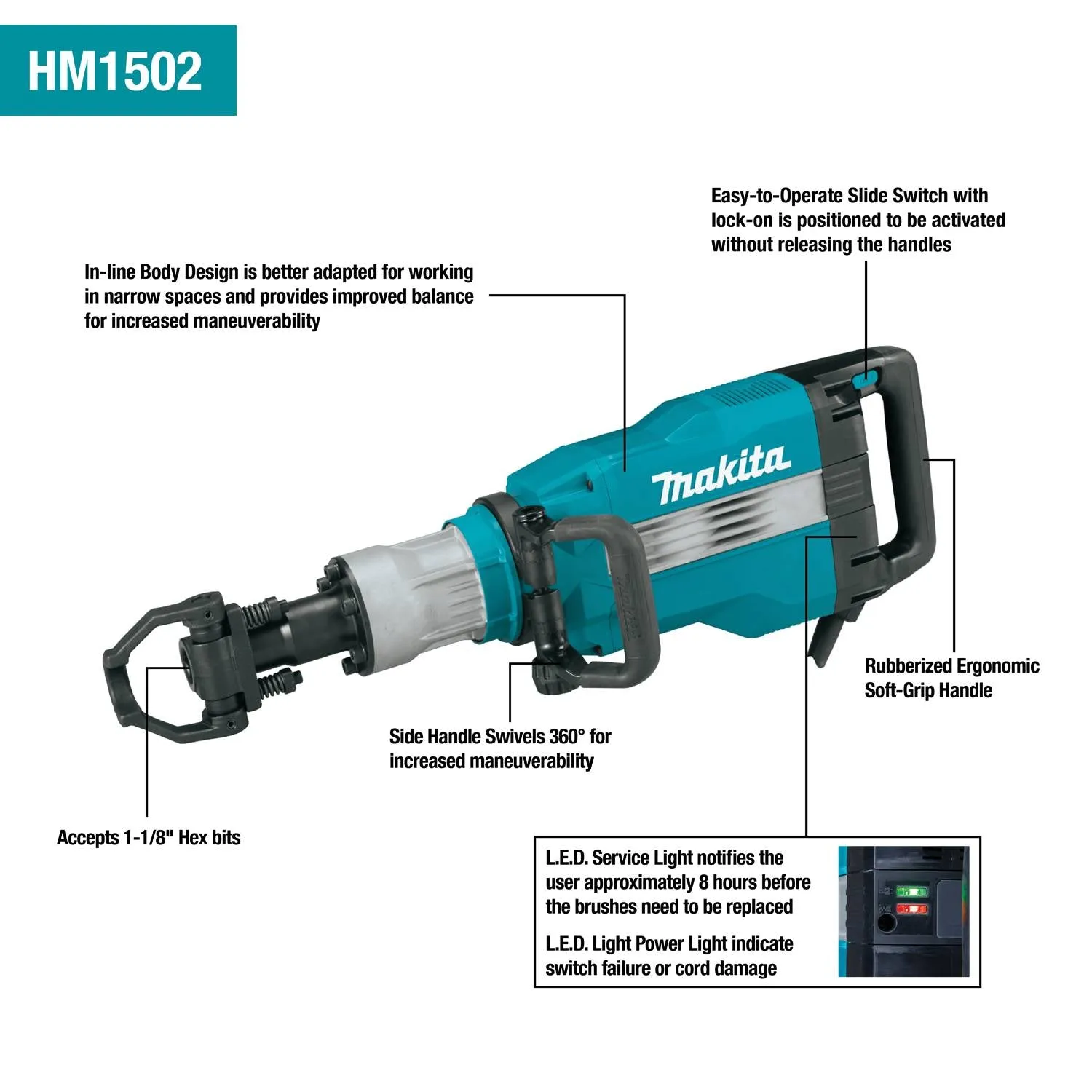 Makita (HM1502) 43 lb. Demolition Hammer, 1-1/8" Hex, case (w/ wheels)