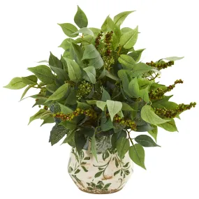 Mixed Ficus, Fittonia and Berries Artificial Plant in Floral Vase