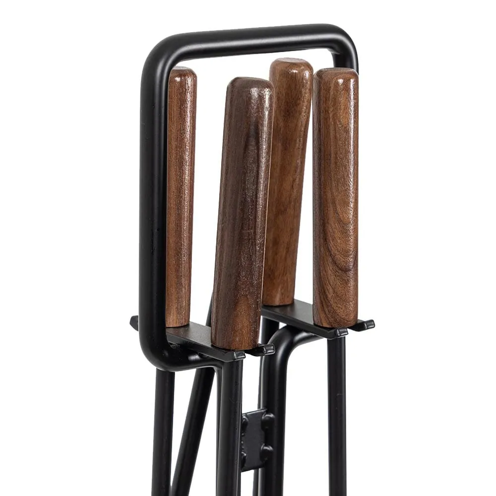 Modern Ember Levi 5 Piece Fireplace Tool Set in Black with Walnut Handles