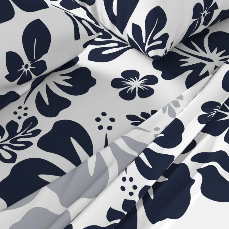 Navy Blue Hawaiian Flowers on White Sheet Set from Surfer Bedding™️ Medium Scale