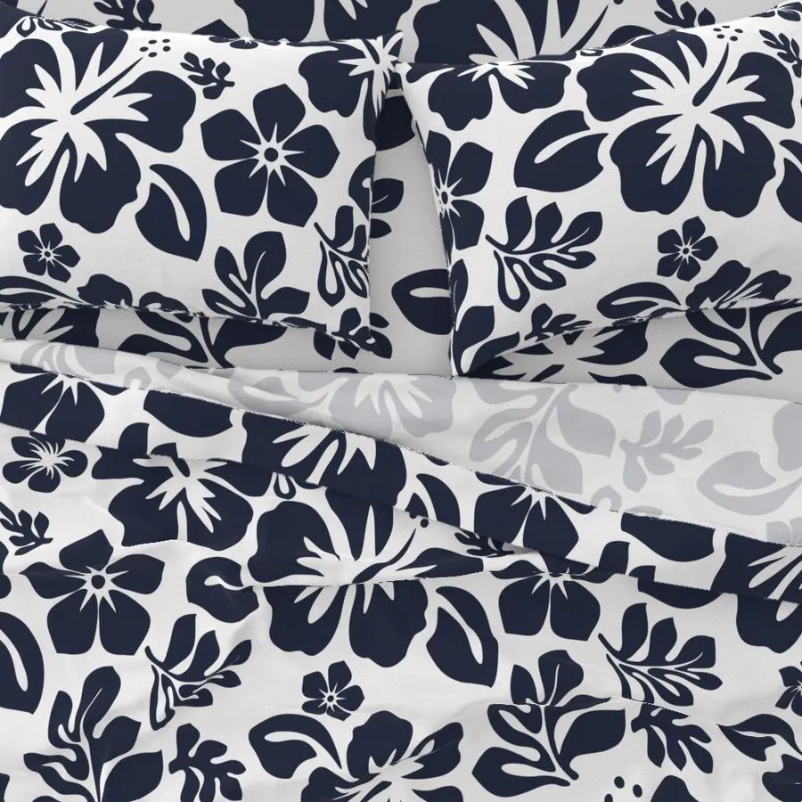 Navy Blue Hawaiian Flowers on White Sheet Set from Surfer Bedding™️ Medium Scale