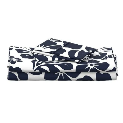 Navy Blue Hawaiian Flowers on White Sheet Set from Surfer Bedding™️ Medium Scale