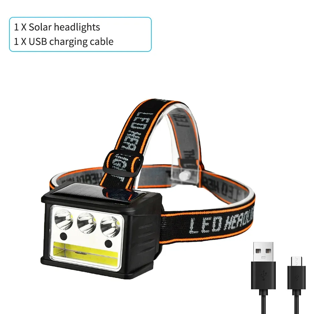 New Portable Solar LED COB Headlamp Five Mode Lighting USB Rechargeable Head Lantern Outdoor Waterproof Camping Headlight