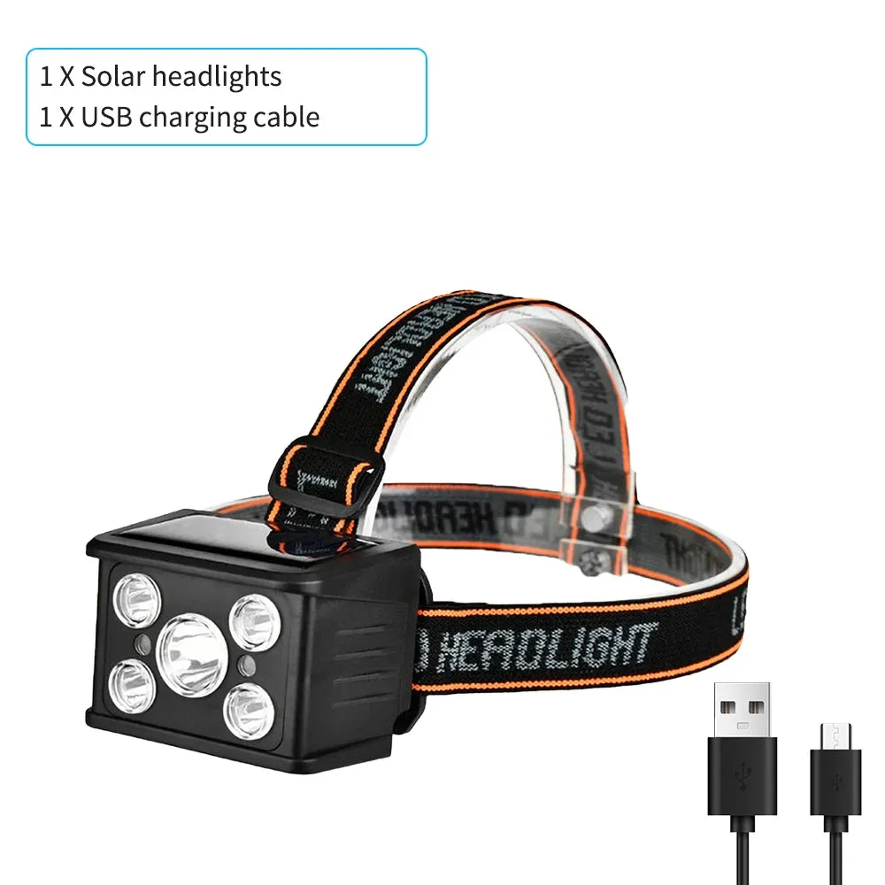 New Portable Solar LED COB Headlamp Five Mode Lighting USB Rechargeable Head Lantern Outdoor Waterproof Camping Headlight