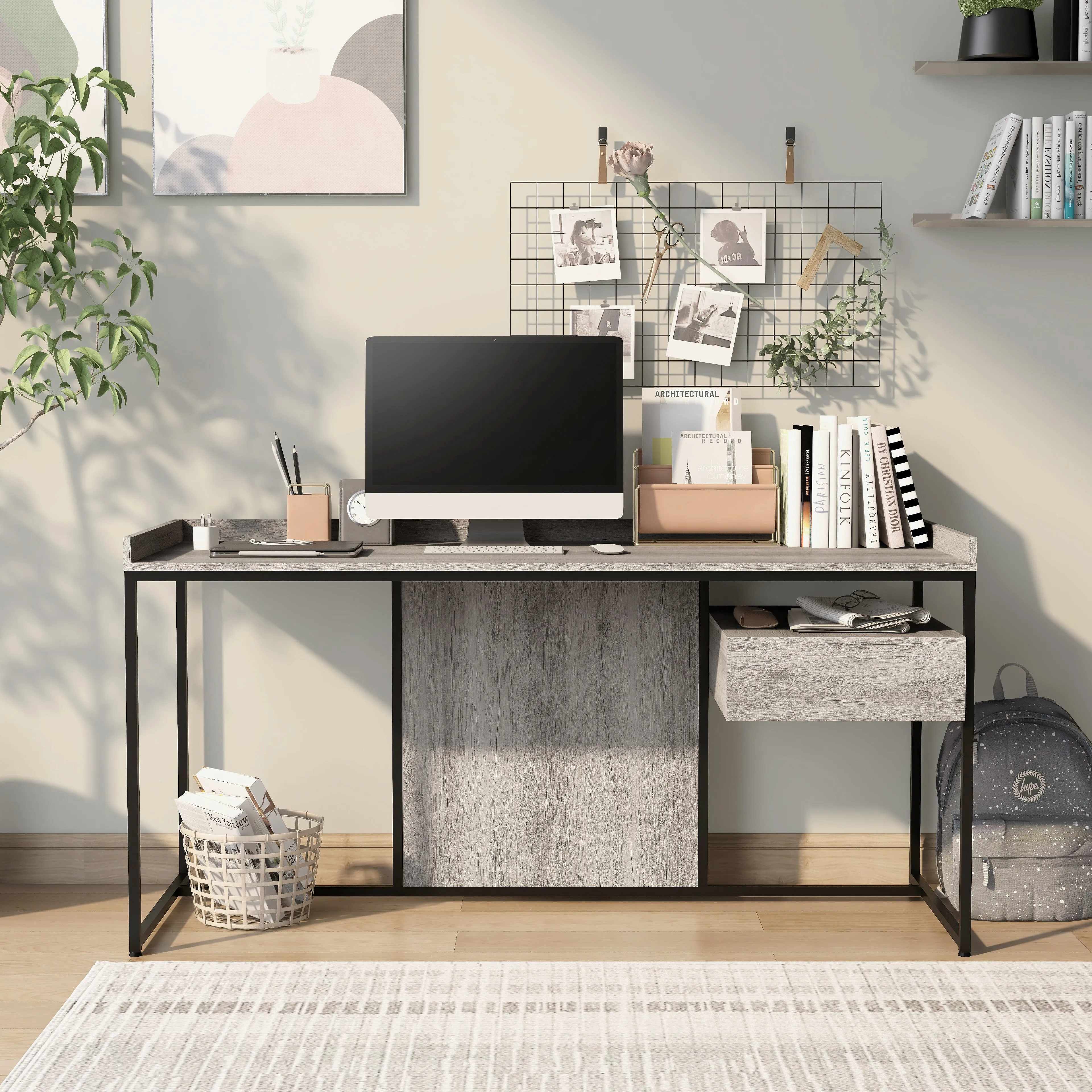 Nolan Urban Light Gray & Matte Black 63" Computer Desk with USB Ports