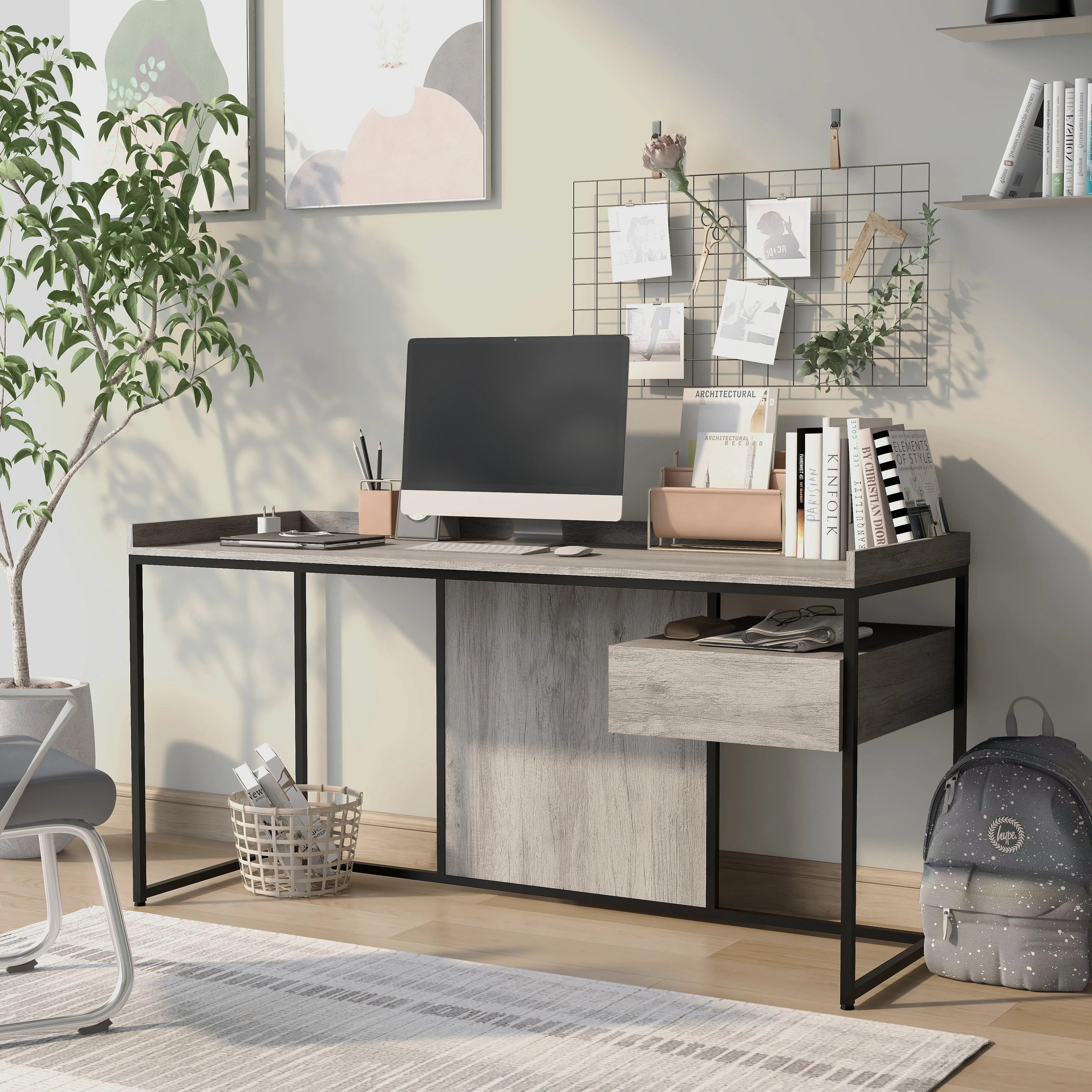 Nolan Urban Light Gray & Matte Black 63" Computer Desk with USB Ports