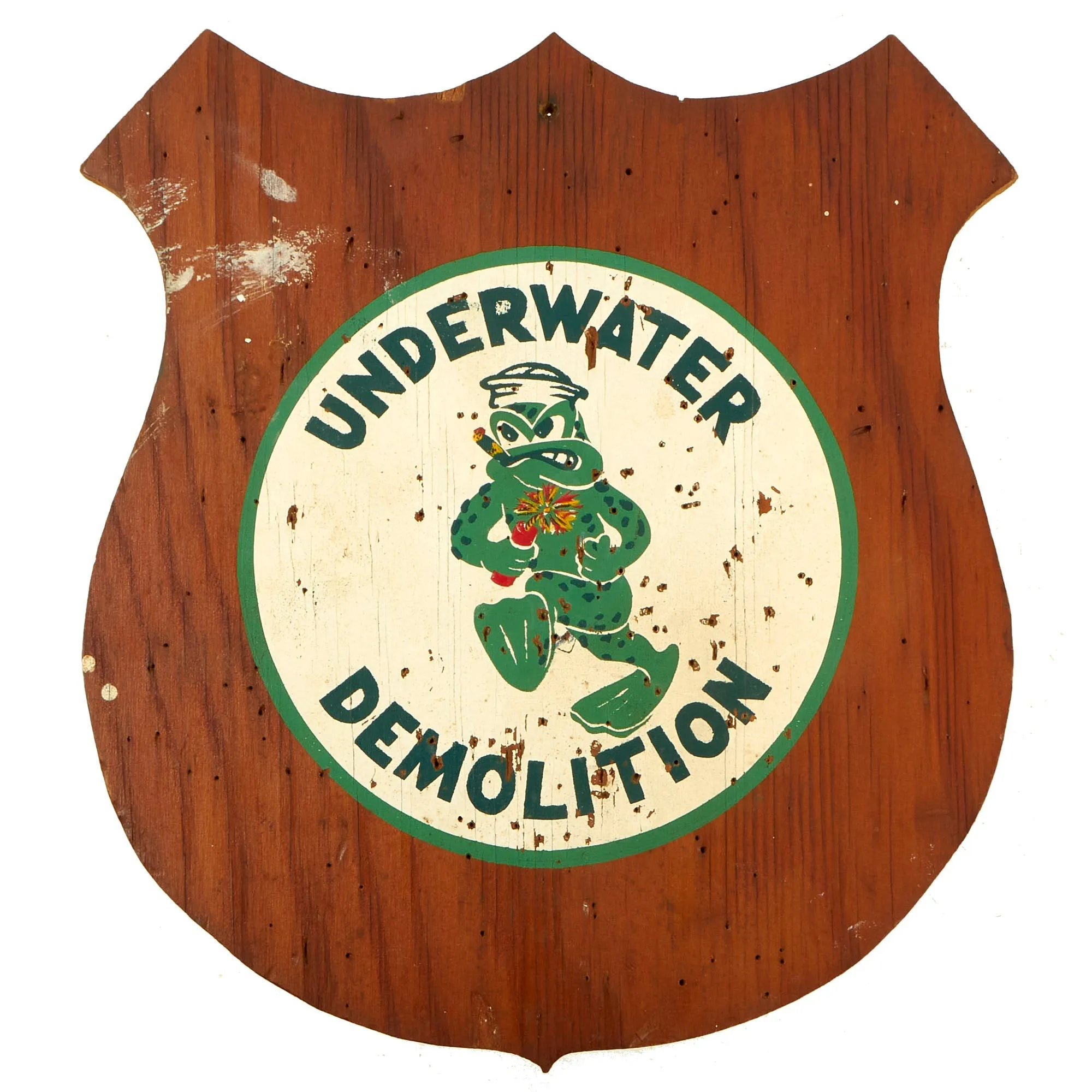 Original U.S. Korean War / Early Vietnam War Era Underwater Demolition Team UDT “Navy SEALs” Hand Painted Wood Shield - 11” x 10”