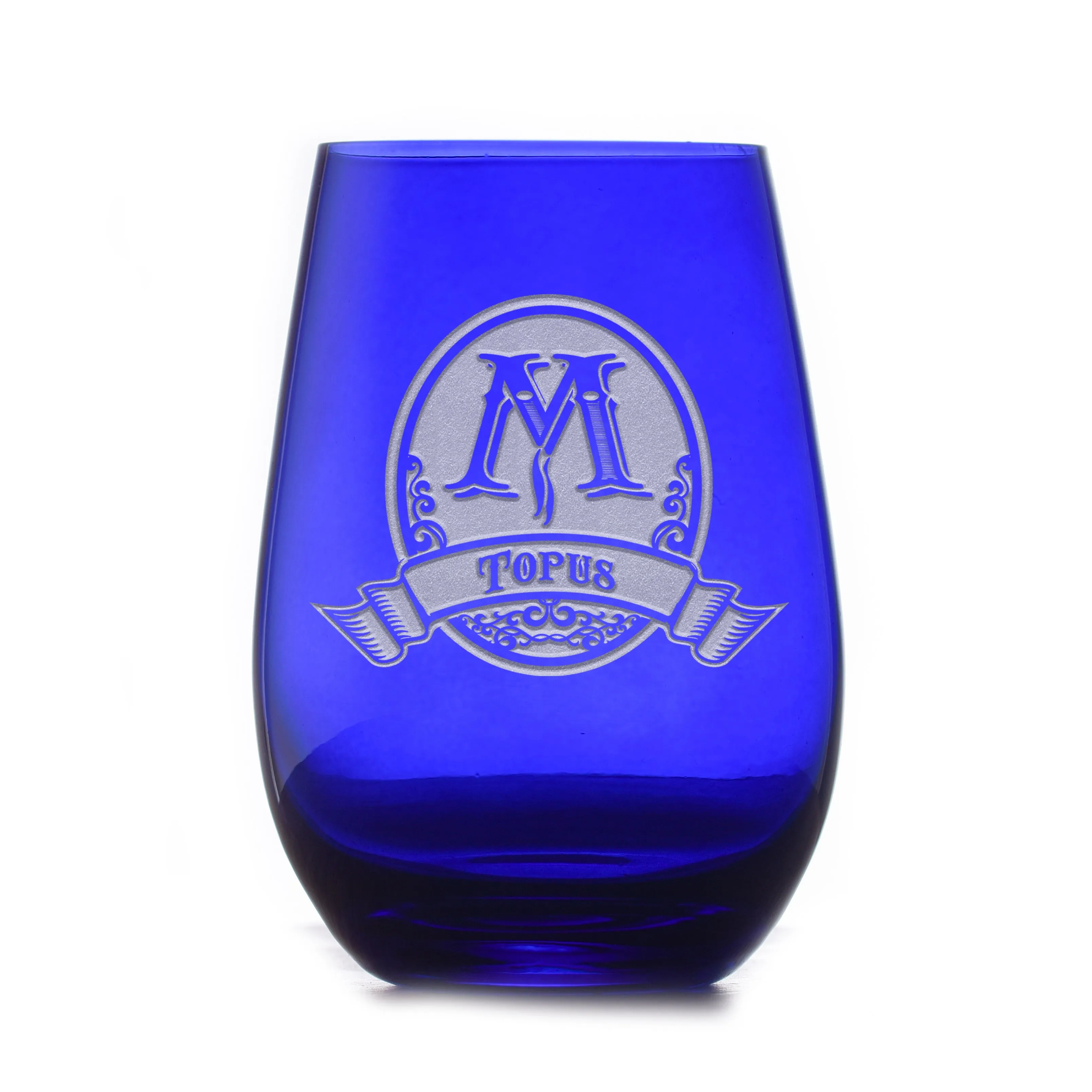 Personalized Blue Stemless Wine Glass Tumbler by Crystal Imagery