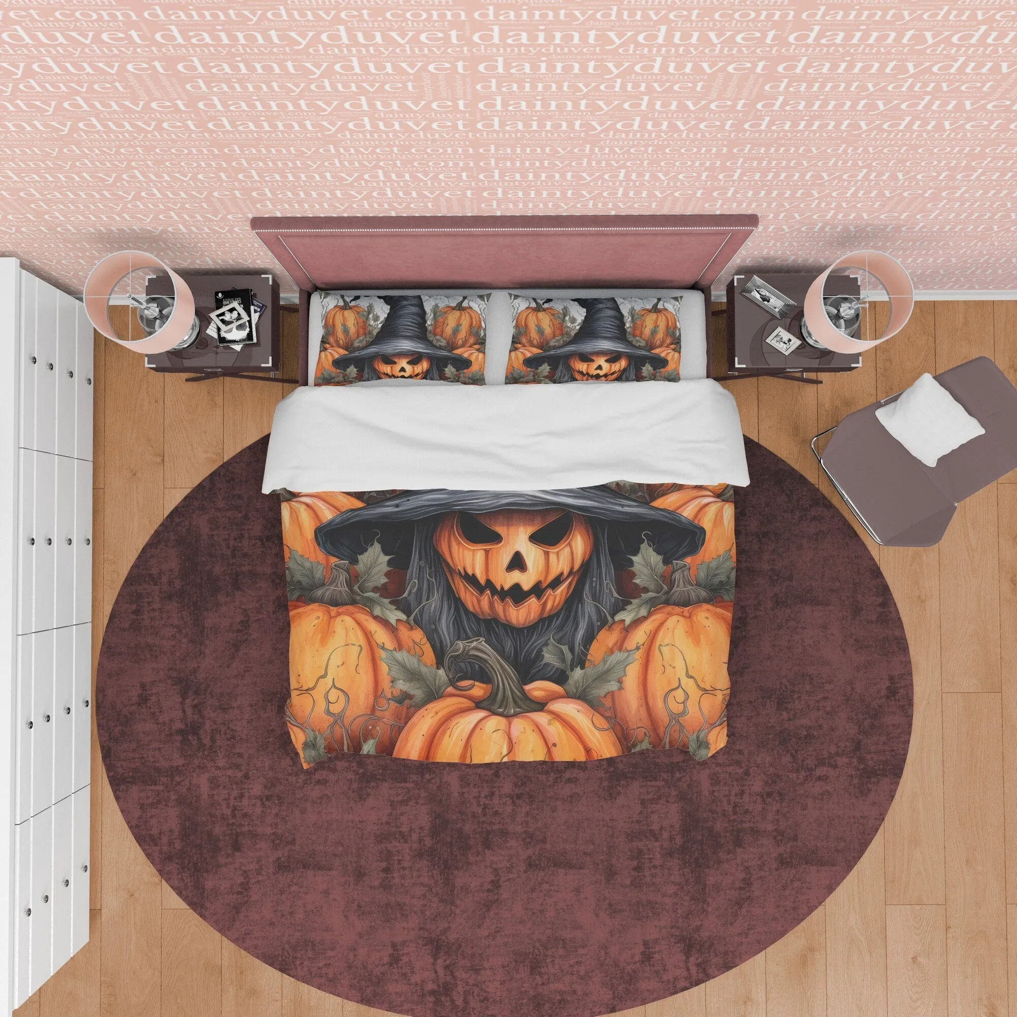 Pumpkin Witchy Duvet Cover Set, Spooky Bedding, Halloween Room Decor, Retro Aesthetic, Autumn Quilt Cover, Farmhouse Bedspread, Lodge Style