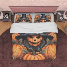 Pumpkin Witchy Duvet Cover Set, Spooky Bedding, Halloween Room Decor, Retro Aesthetic, Autumn Quilt Cover, Farmhouse Bedspread, Lodge Style