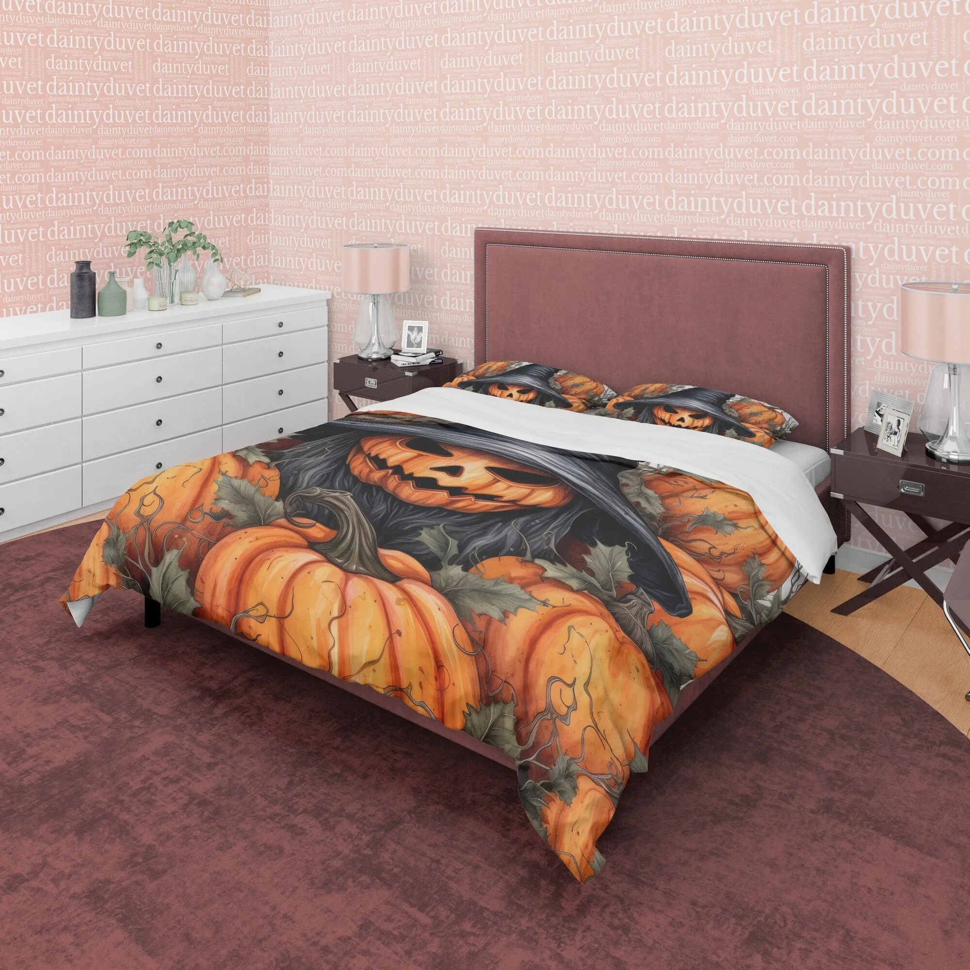 Pumpkin Witchy Duvet Cover Set, Spooky Bedding, Halloween Room Decor, Retro Aesthetic, Autumn Quilt Cover, Farmhouse Bedspread, Lodge Style