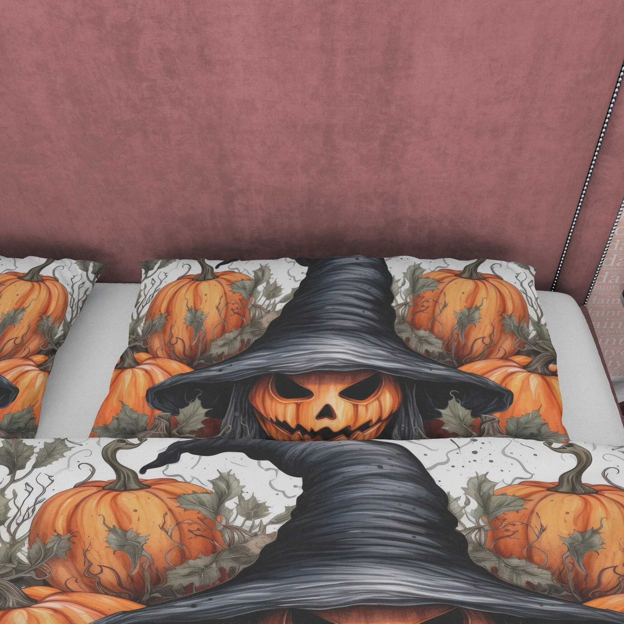 Pumpkin Witchy Duvet Cover Set, Spooky Bedding, Halloween Room Decor, Retro Aesthetic, Autumn Quilt Cover, Farmhouse Bedspread, Lodge Style