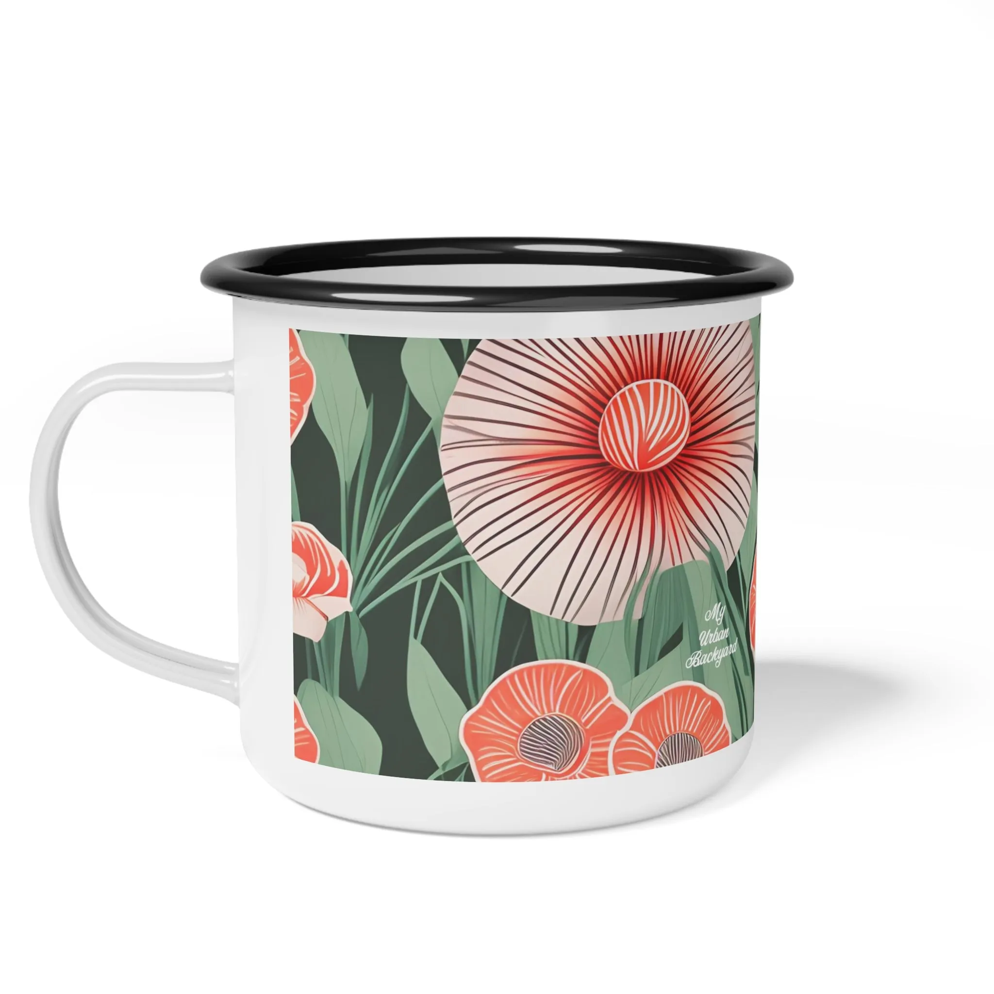 Red Art Deco Flowers, Enamel Camping Mug for Coffee, Tea, Cocoa, or Cereal - 12oz