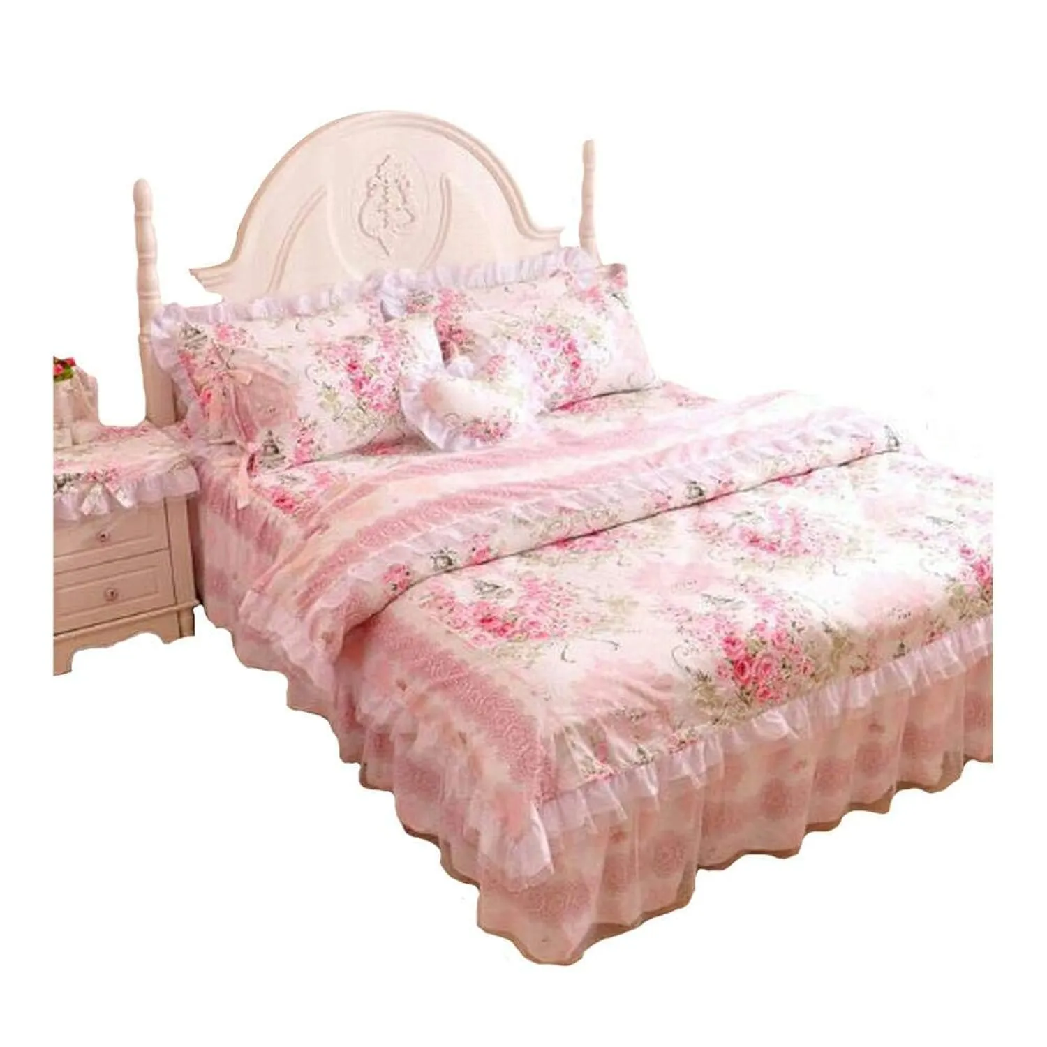 ,Romantic Flower Print Bedding Set,Floral Bed Set,Princess Lace Ruffle Duvet C