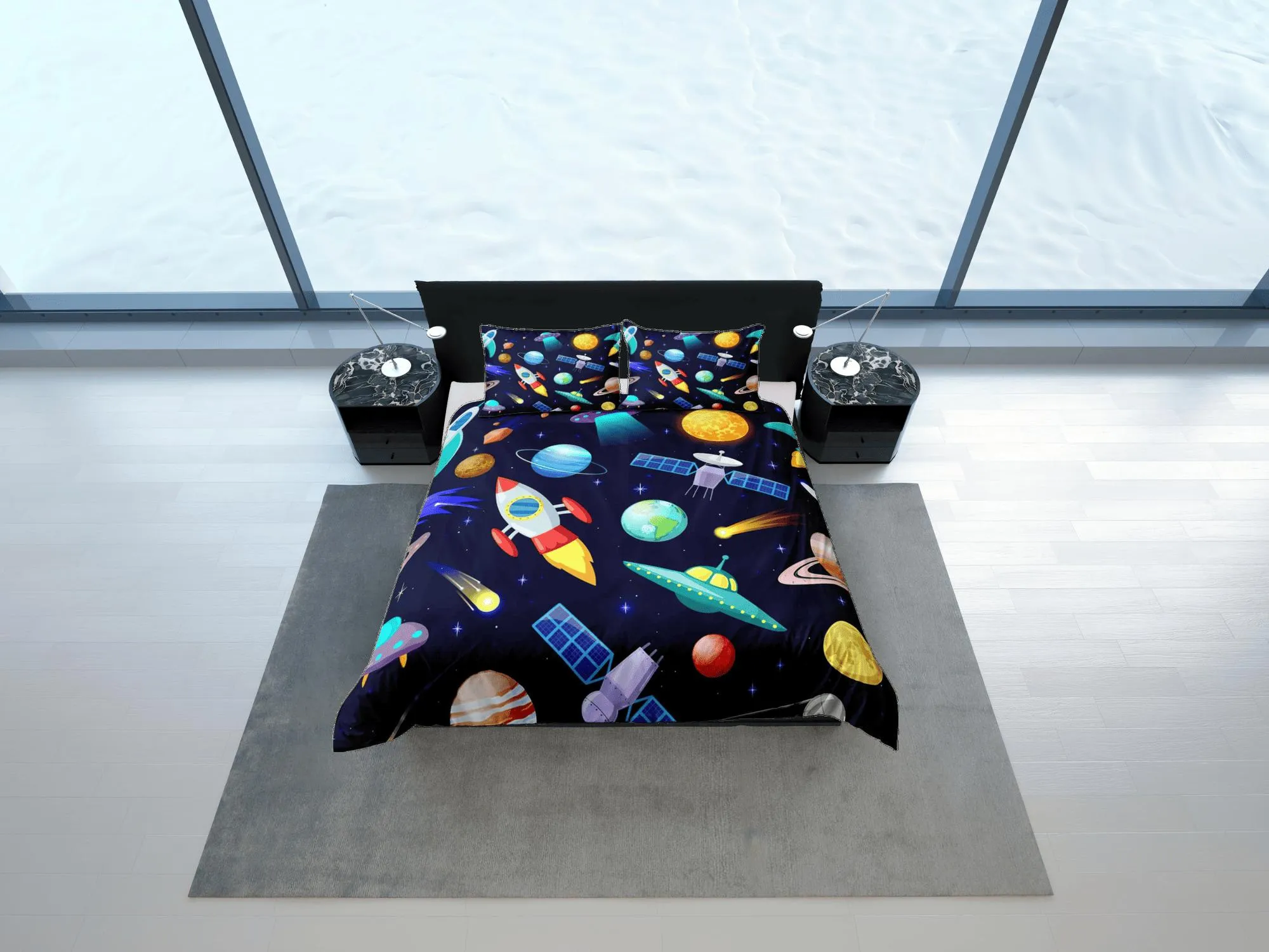 Satellite and spaceship duvet cover set for kids, galaxy bedding set full, king, queen, astronomy dorm bedding, toddler bedding aesthetic