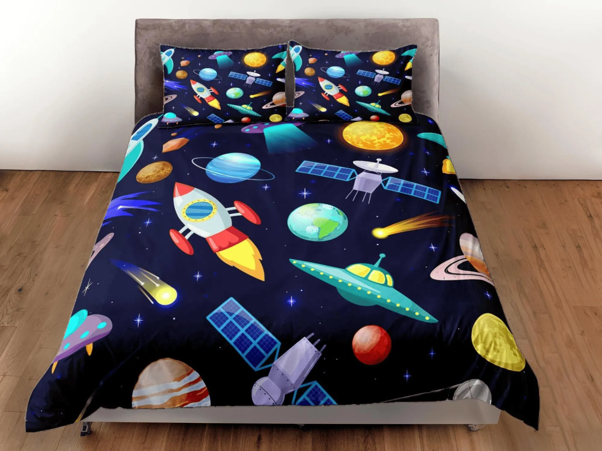 Satellite and spaceship duvet cover set for kids, galaxy bedding set full, king, queen, astronomy dorm bedding, toddler bedding aesthetic