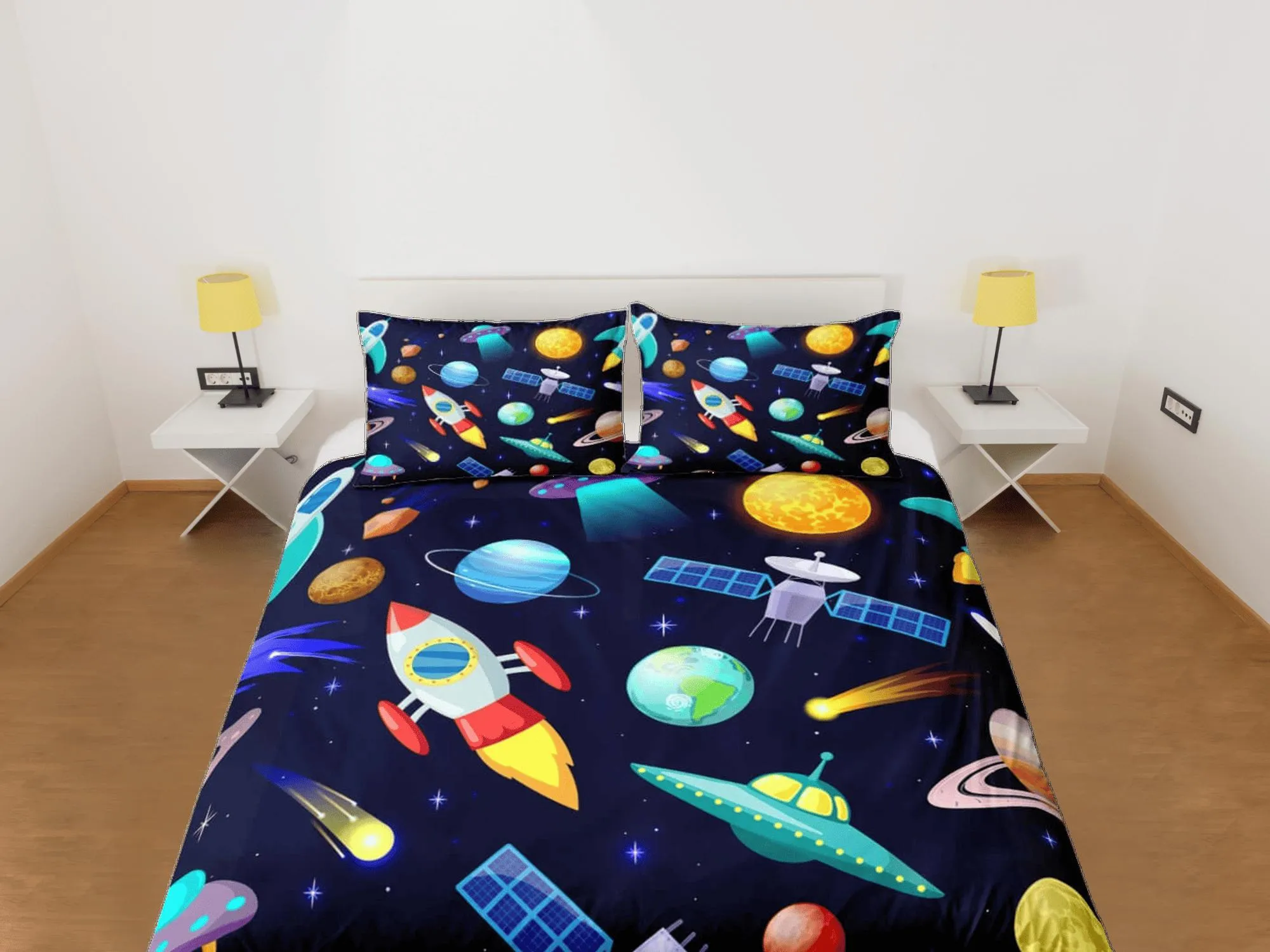 Satellite and spaceship duvet cover set for kids, galaxy bedding set full, king, queen, astronomy dorm bedding, toddler bedding aesthetic