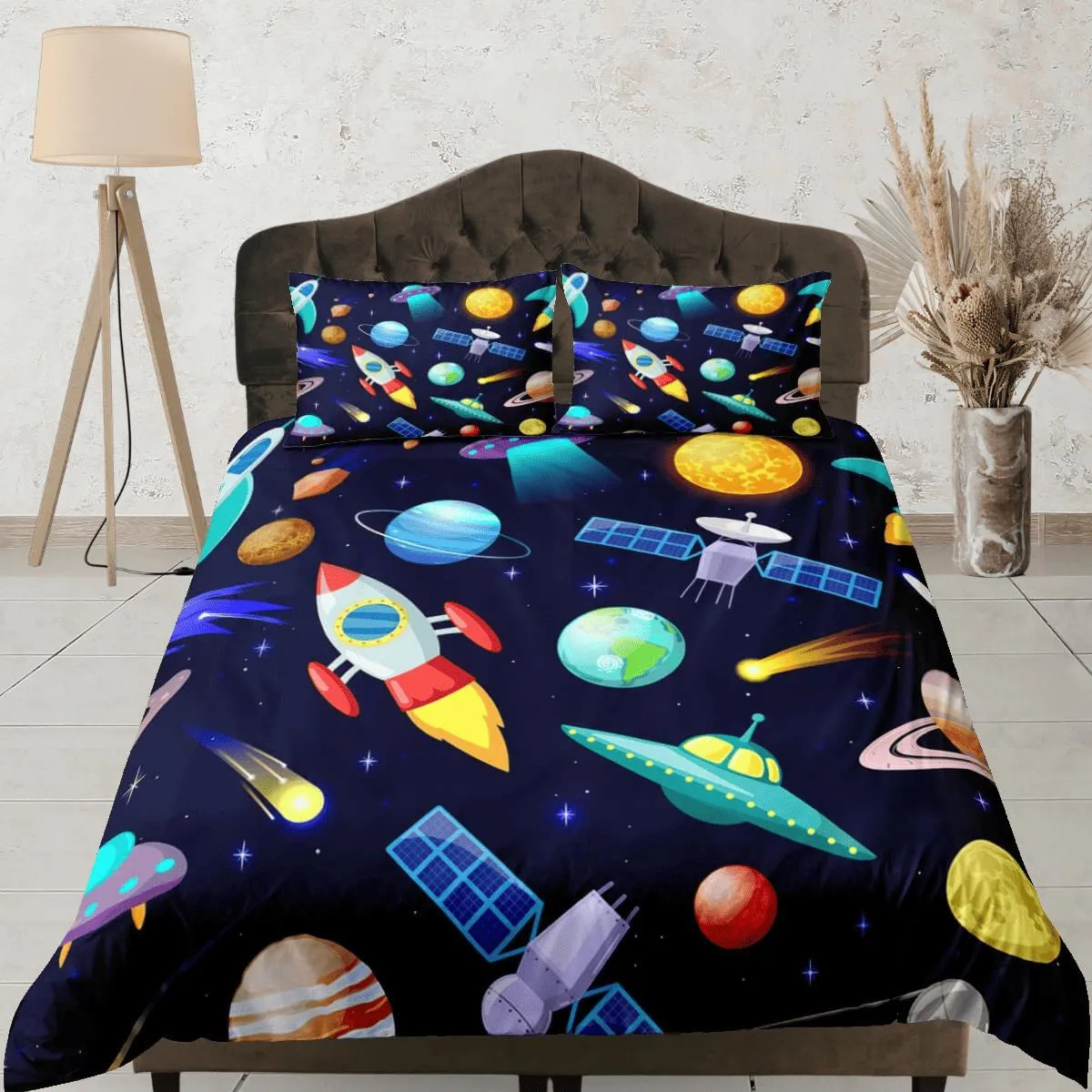 Satellite and spaceship duvet cover set for kids, galaxy bedding set full, king, queen, astronomy dorm bedding, toddler bedding aesthetic