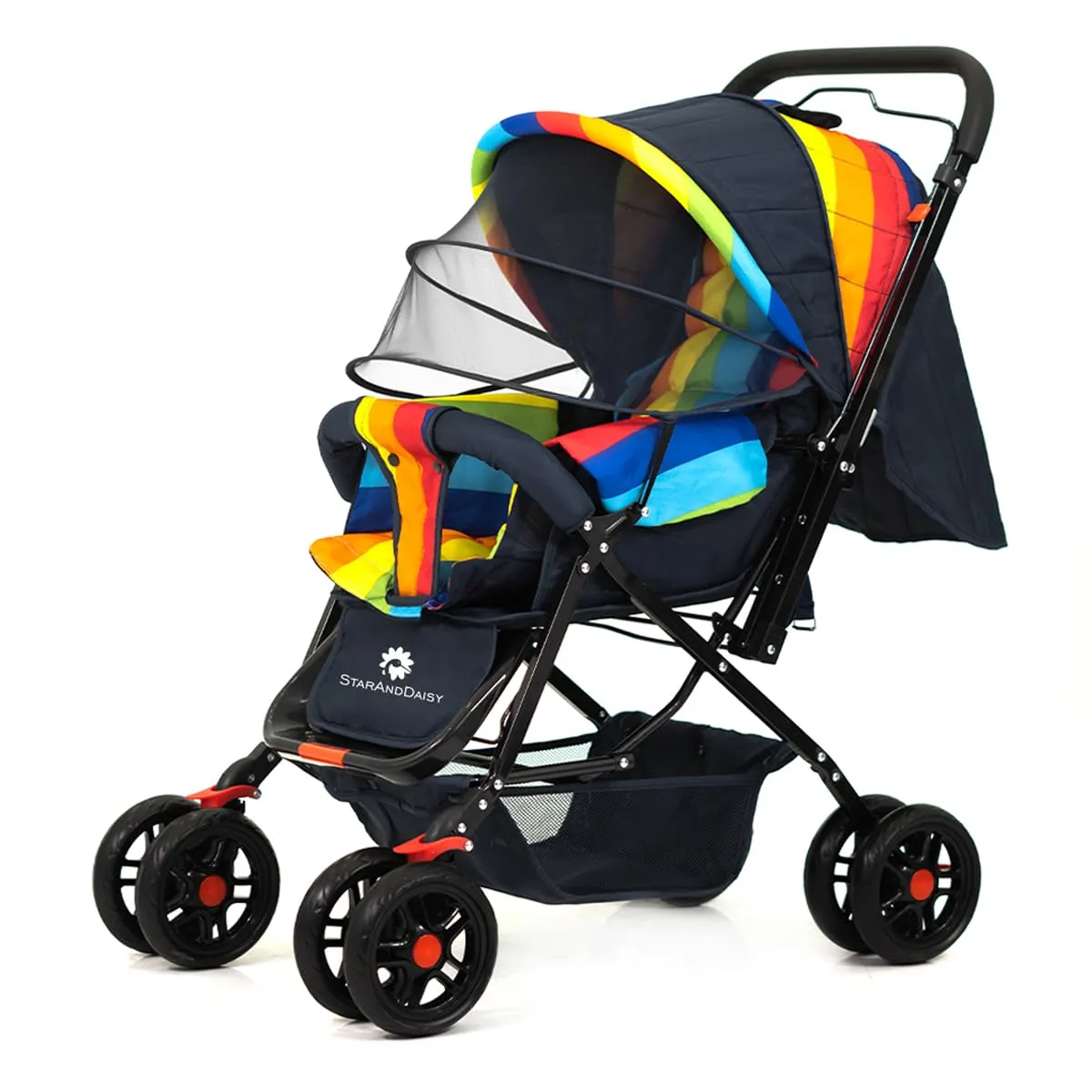 StarAndDaisy Sunrise Baby Stroller for 0-5 Years - Lightweight, 3-Point Harness, Adjustable Backrest, 360° Swivel Wheel, Large Storage, Reversible Handle, Extended Mosquito Net (Pi Rainbow)