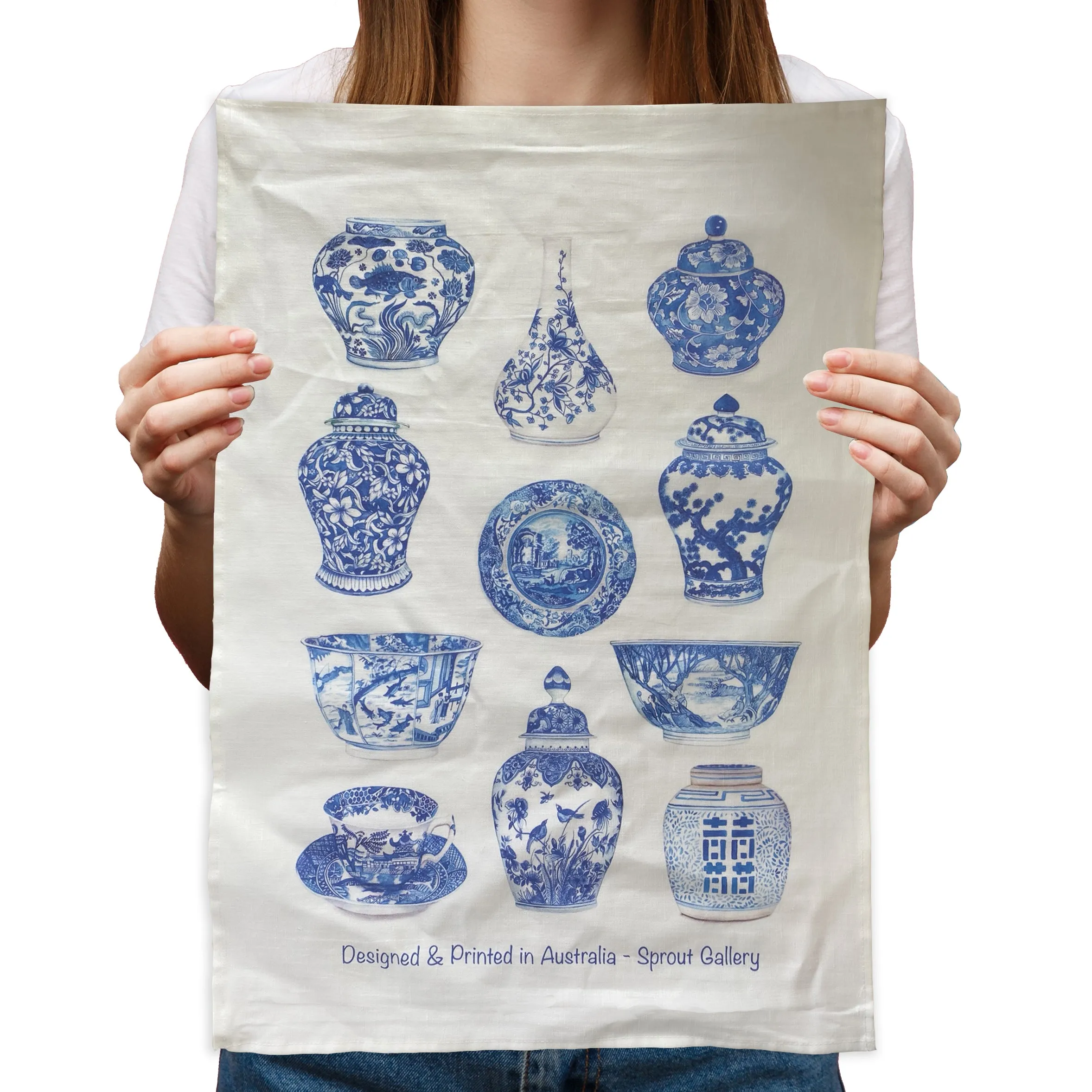 Tea Towel of blue and white ginger jar favourites