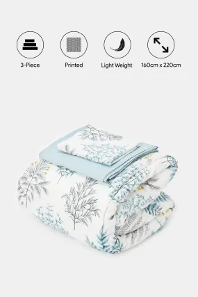 Teal 3 Piece Leaves Printed Comforter Set (Single Size)