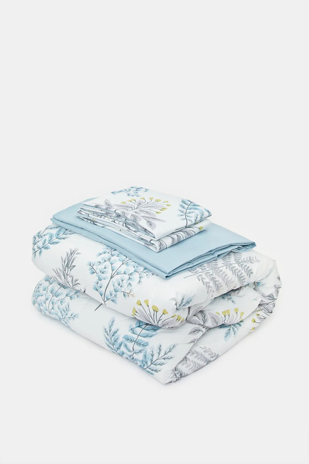 Teal 4 Piece Leaves Printed Comforter Set (Double Size)