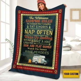 Teesdily | Personalized Camping Rules Fleece Blanket, Sit Around The Campfire Throw Blanket, Take A Hike Camping Life Cozy Blanket, Happy Camper Gifts