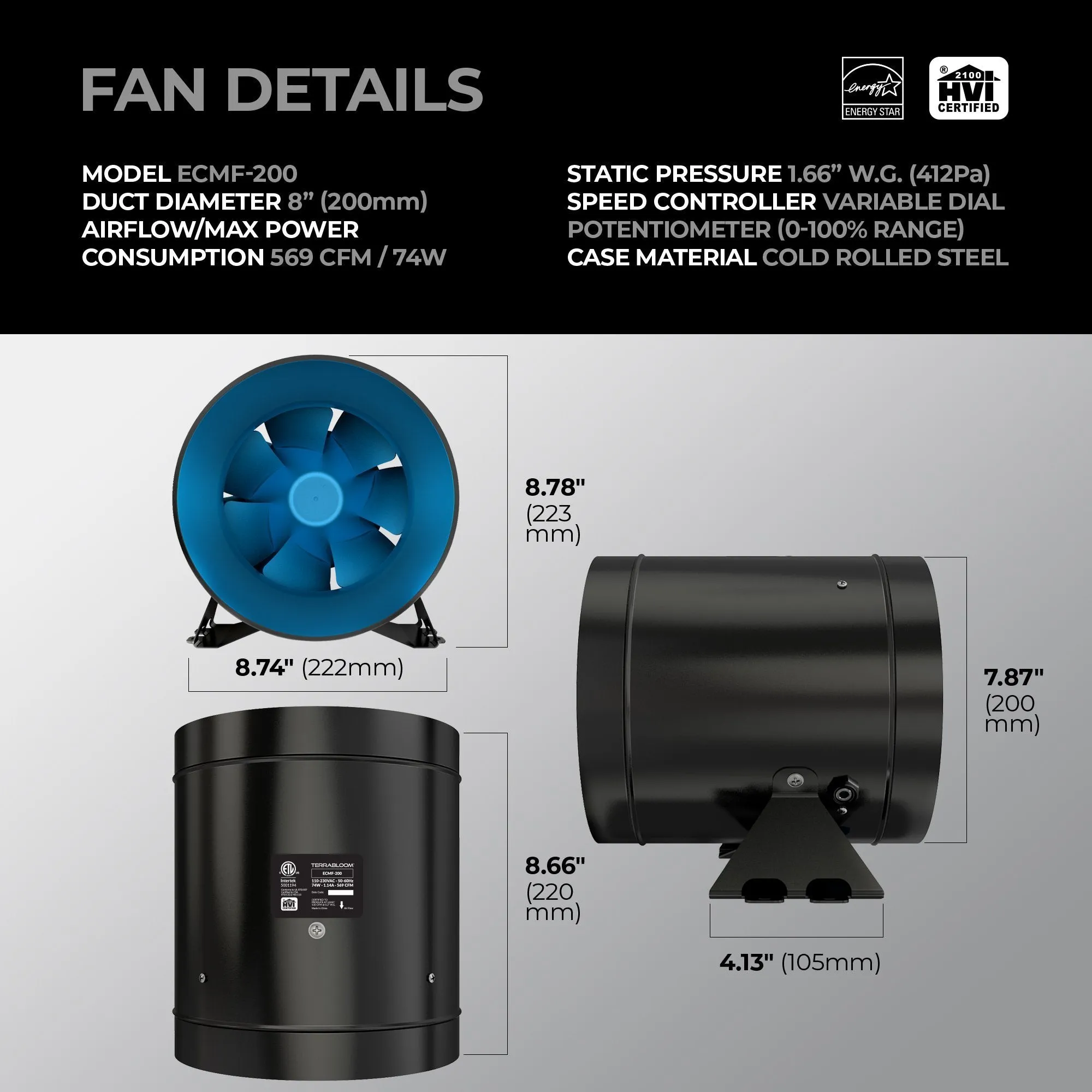 TerraBloom 8" EC Inline Duct Fan with Variable Speed Controller, ECMF-200, 569 CFM, 74W