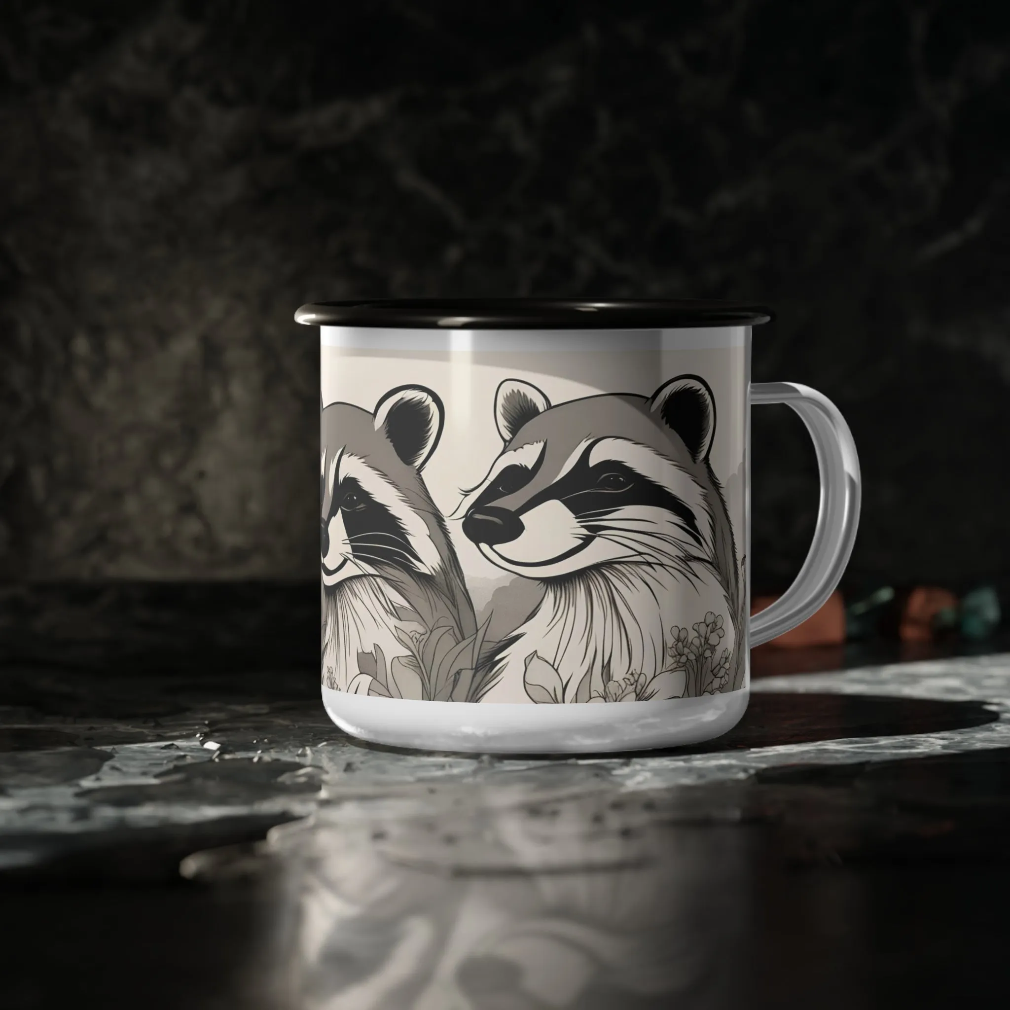 Three Raccoons, Enamel Camping Mug for Coffee, Tea, Cocoa, or Cereal - 12oz