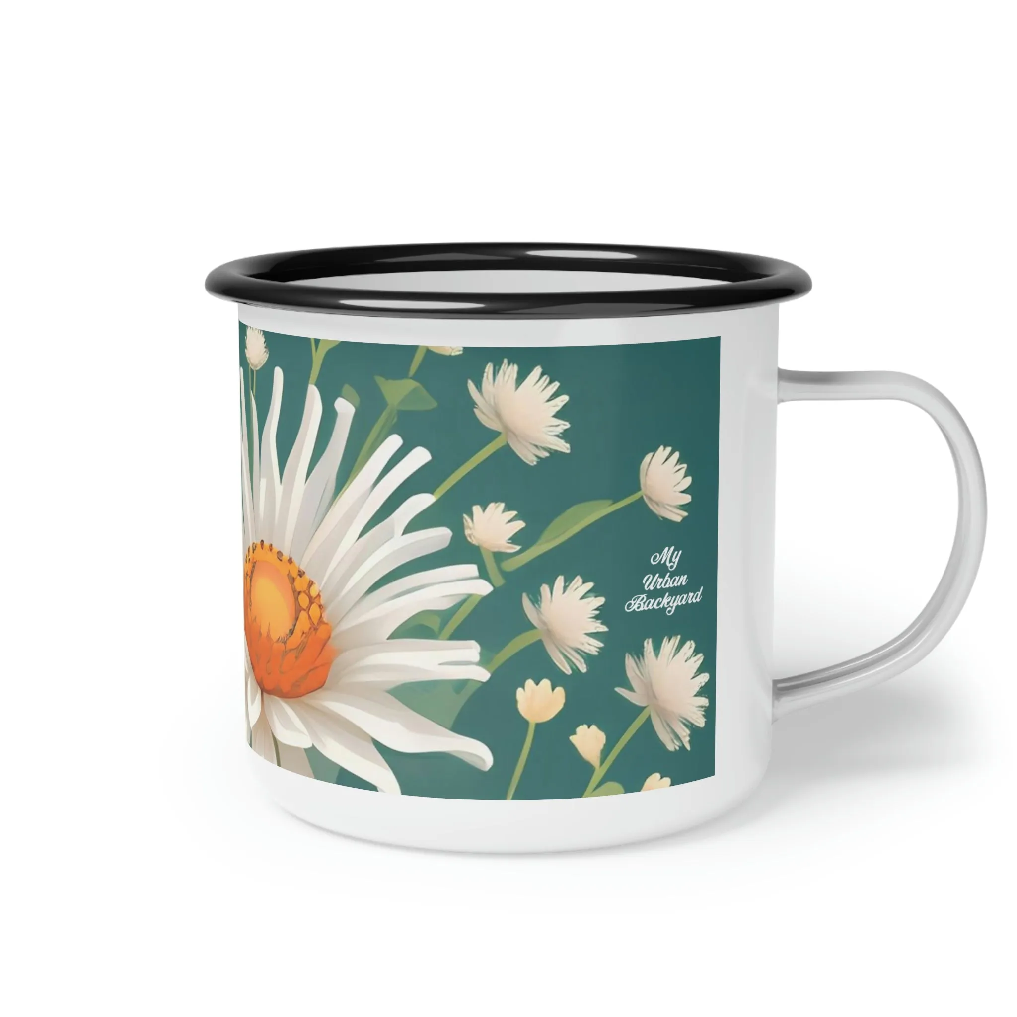 White Flowers, Enamel Camping Mug for Coffee, Tea, Cocoa, or Cereal - 12oz