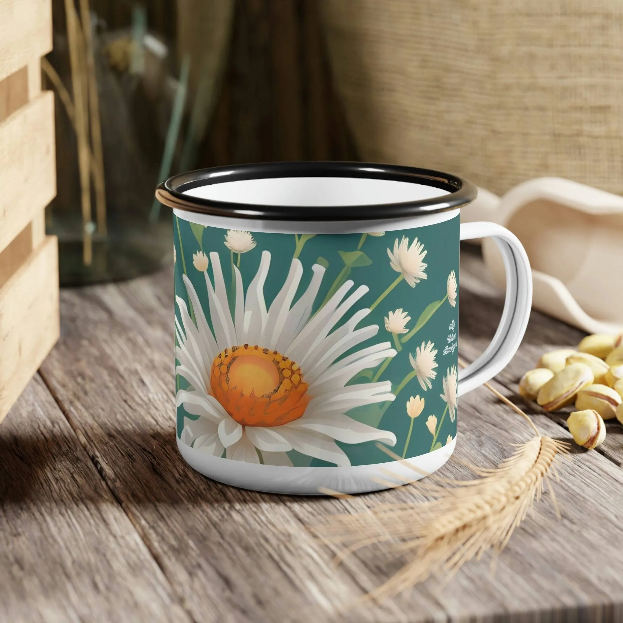 White Flowers, Enamel Camping Mug for Coffee, Tea, Cocoa, or Cereal - 12oz