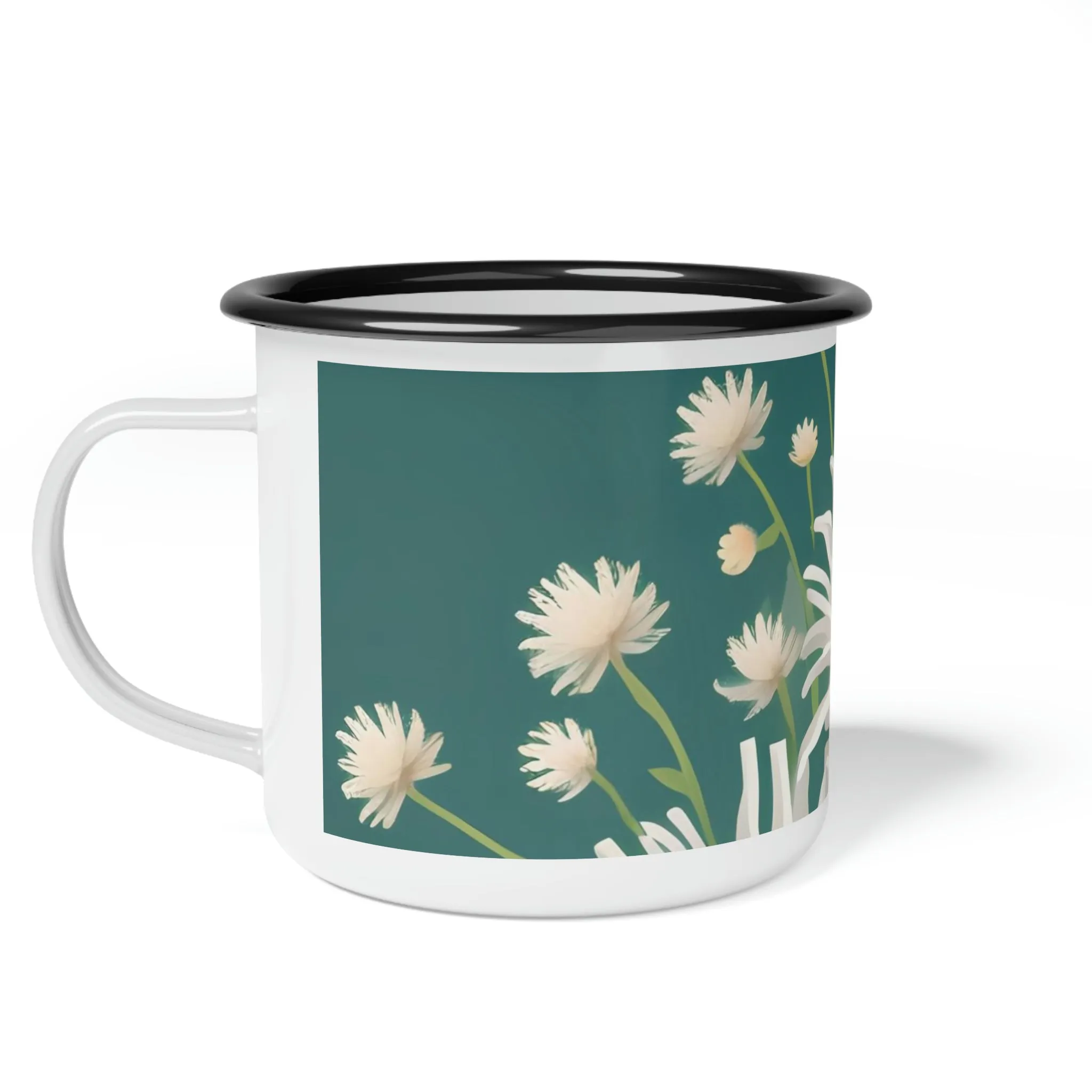 White Flowers, Enamel Camping Mug for Coffee, Tea, Cocoa, or Cereal - 12oz