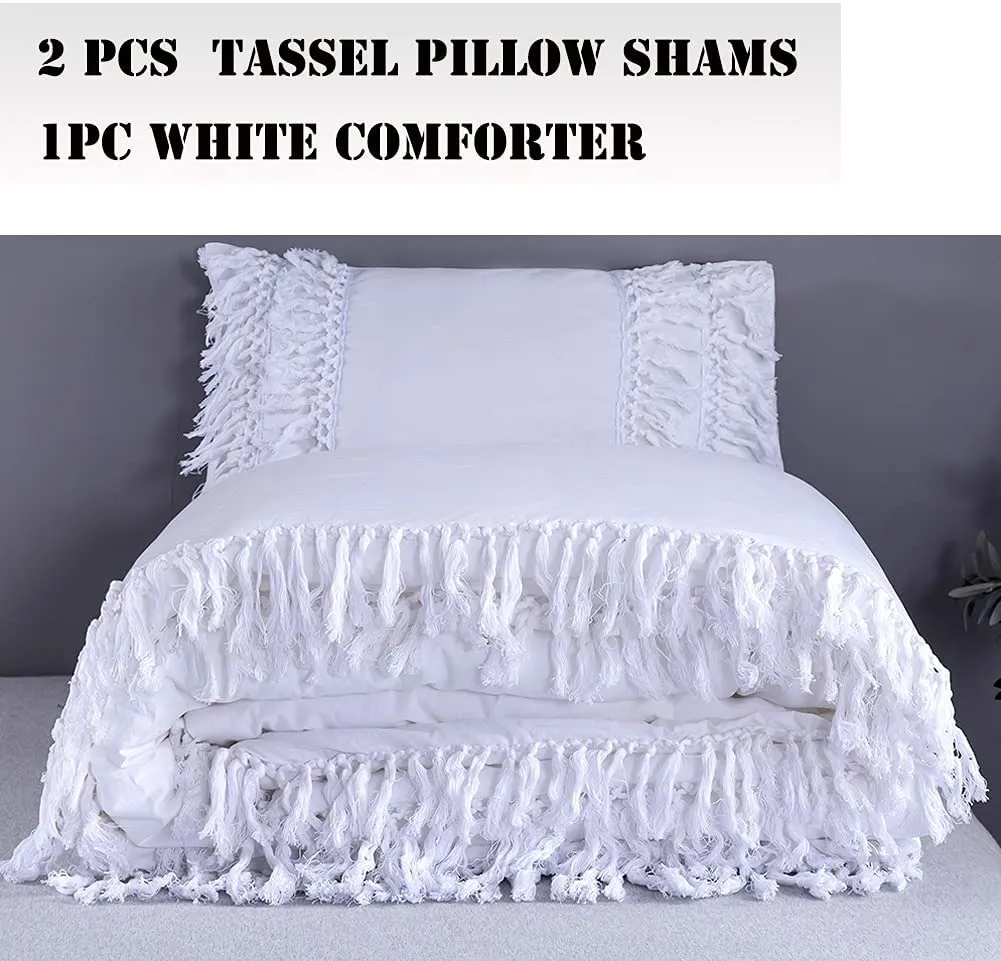 White Ruffle Tassel Comforter Set Queen Size,100% Washed Cotton Boho