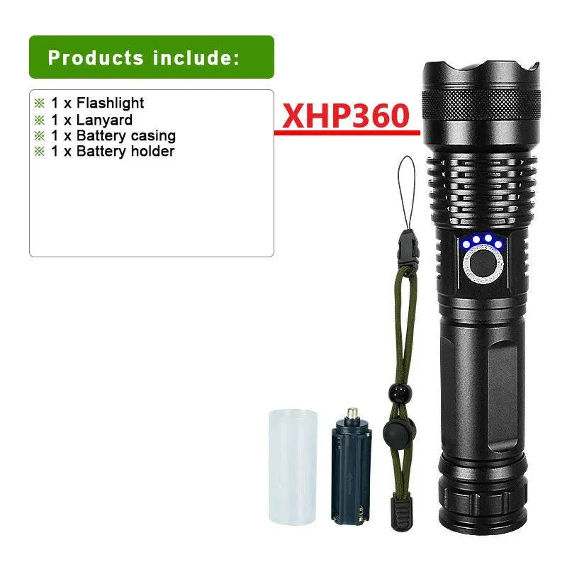 XHP360 Newest Powerful Flashlight Rechargeable Torch Light XHP90 High Power LED Flaslight USB Zoomable Camping Lantern Work Lamp