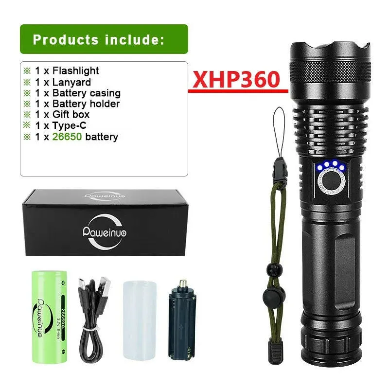 XHP360 Newest Powerful Flashlight Rechargeable Torch Light XHP90 High Power LED Flaslight USB Zoomable Camping Lantern Work Lamp