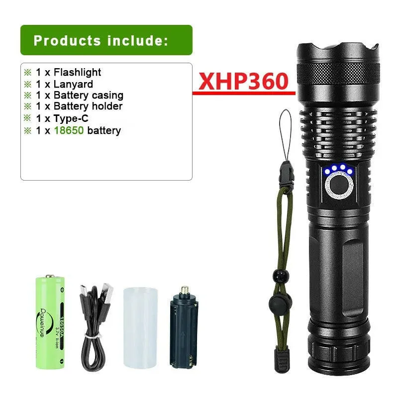 XHP360 Newest Powerful Flashlight Rechargeable Torch Light XHP90 High Power LED Flaslight USB Zoomable Camping Lantern Work Lamp