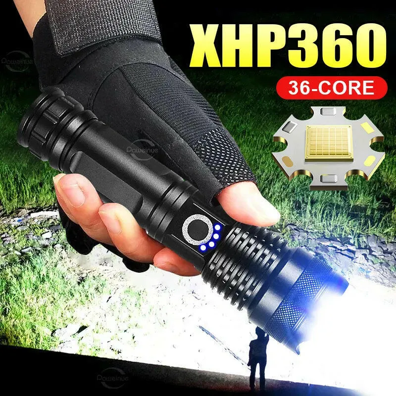 XHP360 Newest Powerful Flashlight Rechargeable Torch Light XHP90 High Power LED Flaslight USB Zoomable Camping Lantern Work Lamp